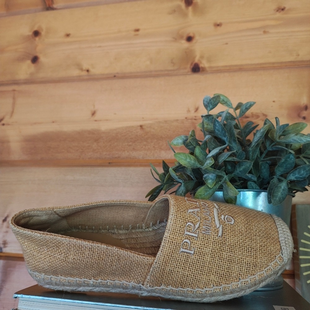 Prada Milano Embroidered Tan Jute Linen Burlap Shoe Espadrille Flats EUC Sz 36/6 - Picture 5 of 13
